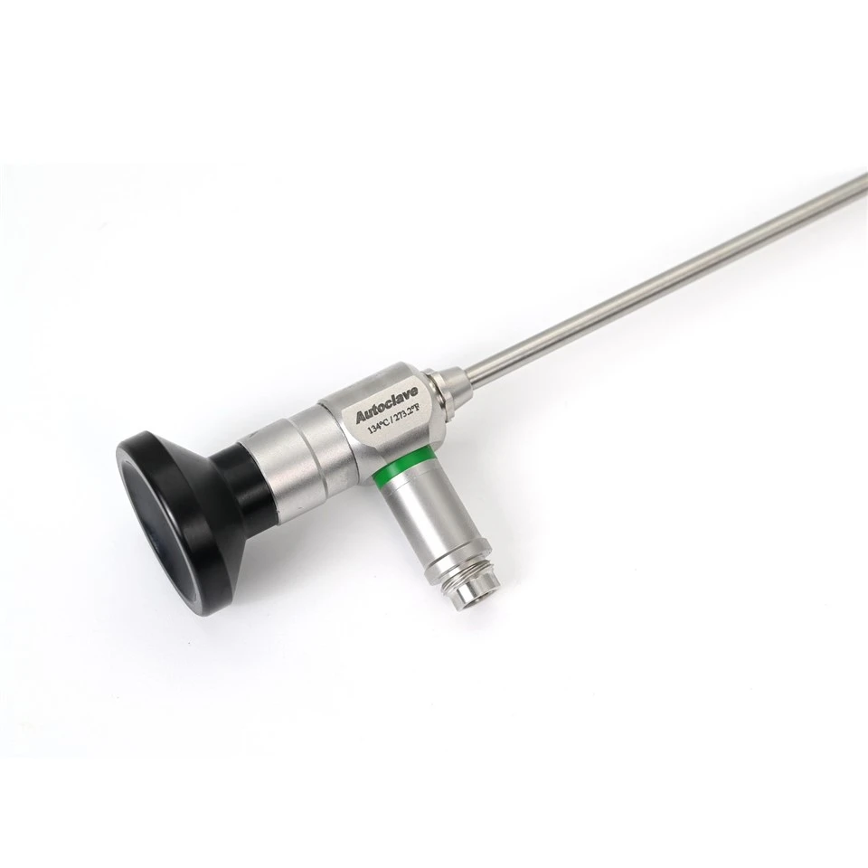 Rigid sinus endoscope eyepiece and light post close-up — autoclave 134°C marking and green angle indicator